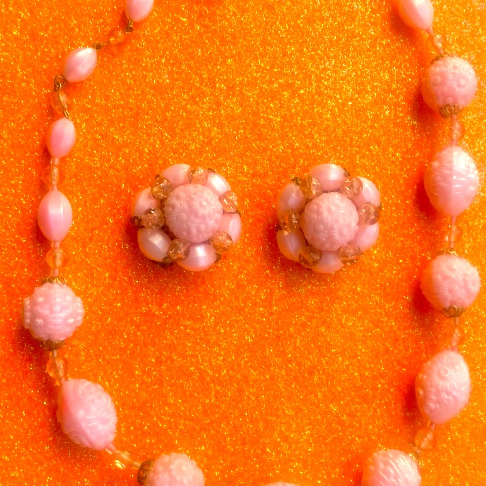 Vintage Pink West Germany signed Earring & Necklace Set.. rare set.
